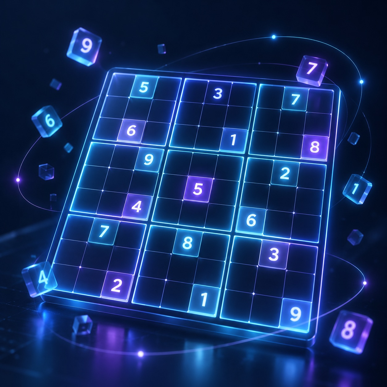 Glowing blue and violet Sudoku board